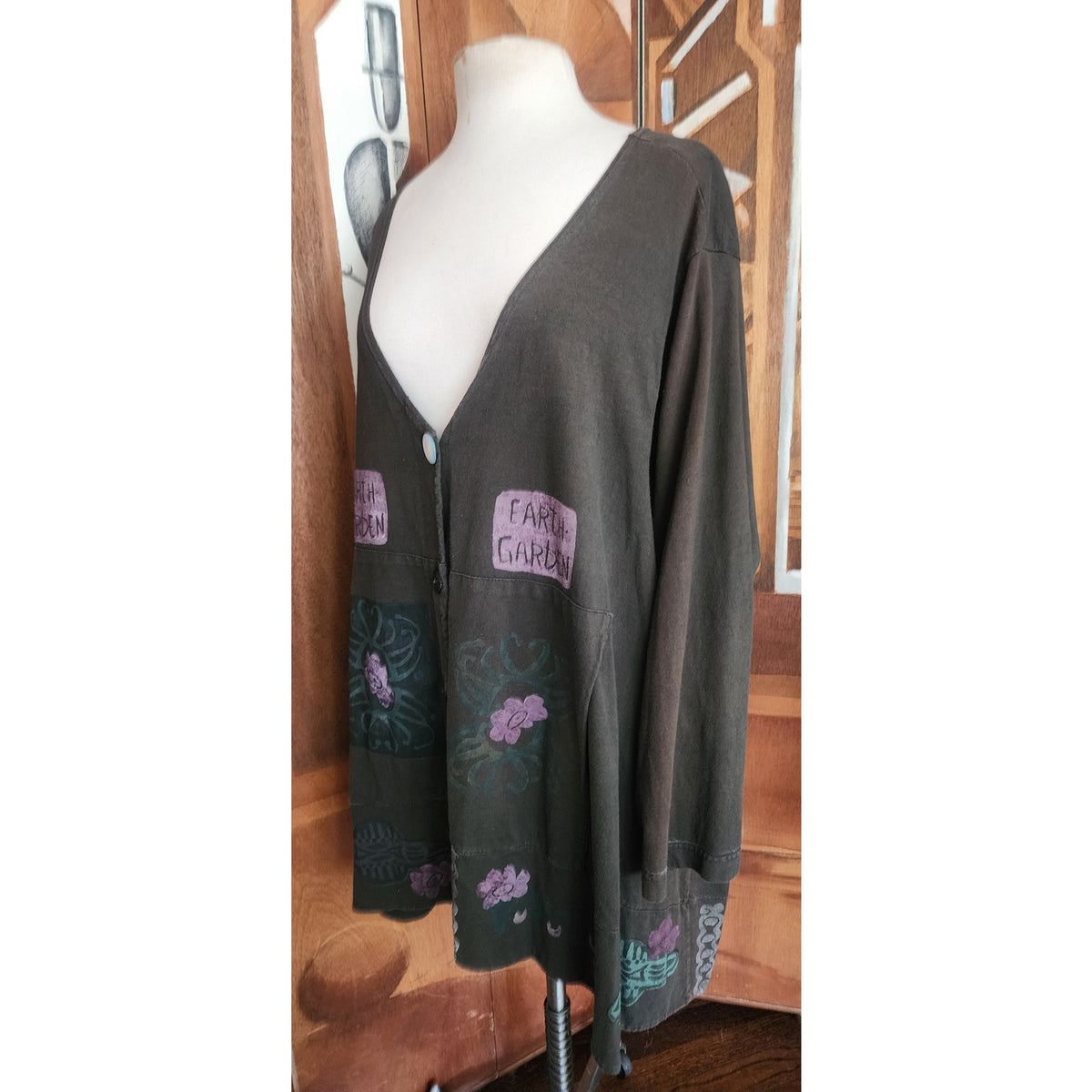 Vintage 1990s Blue Fish Top Cardigan 1999 Earth Garden Gray Linen Patchwork Hand Painted V Neck