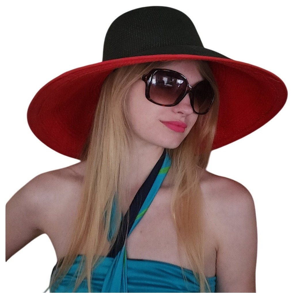 Vintage 1980s Kokin Hat Wide Brim Sun Straw Fuchsia Red Black Summer Oversized