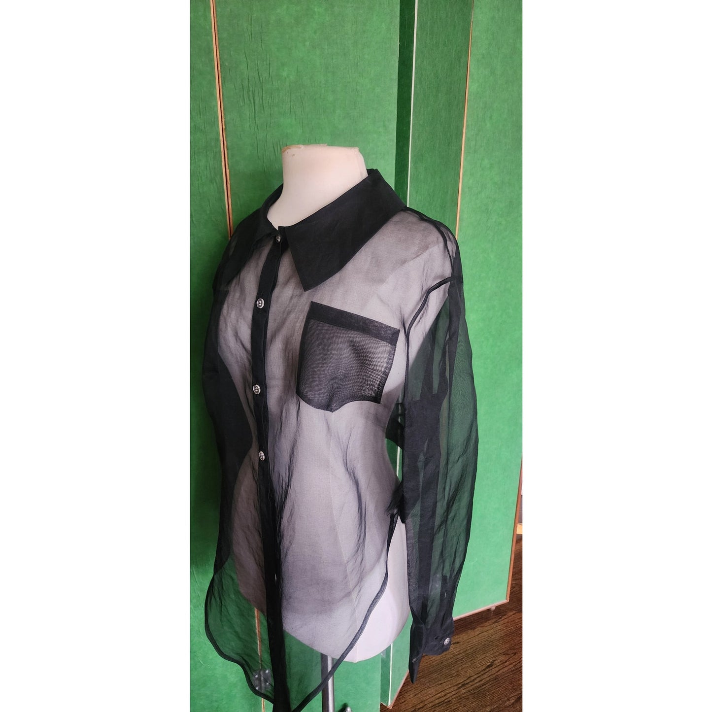 Vintage 90s Designer Blouse Black Sheer Silk Shirt Tie Front Victoria March Chicago