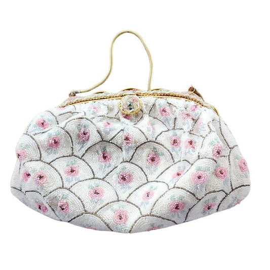 Vintage 50s Beaded Handbag Michel Swiss White Pastel French Purse Microbeading