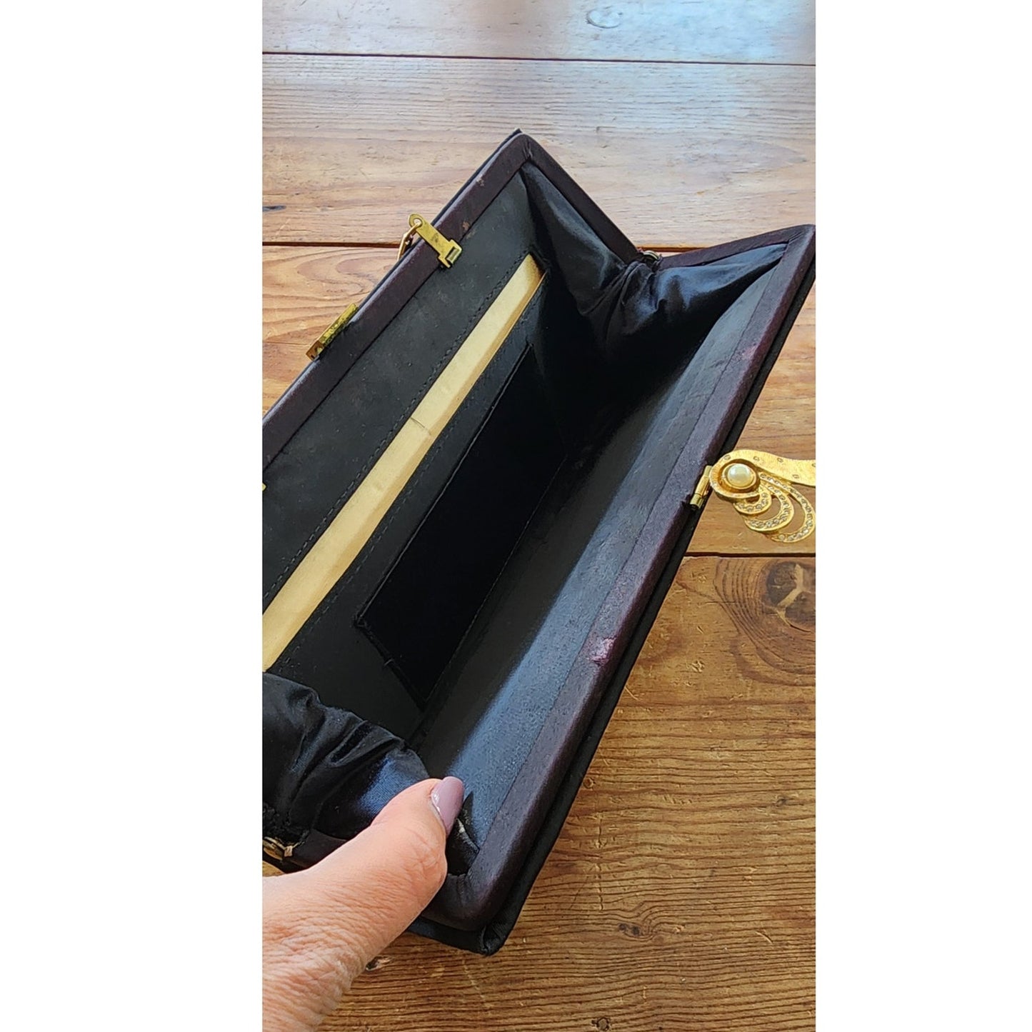 Vintage 50s Evening Bag Black Silk Clutch w/Gold Rhinestone Clasp