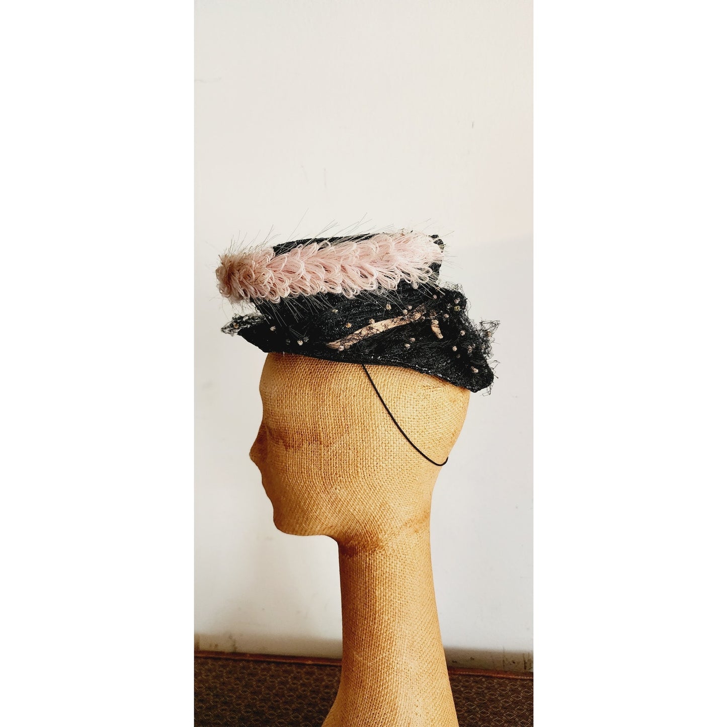Vintage 1940s Tilt Top Boater Hat Black Straw & Pink Trim