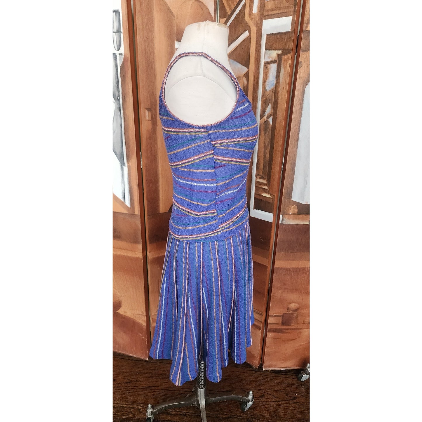 Vintage 1980s Missoni Set Knit Camisole Top Pleated Skirt Blue Stripe I Magnin
