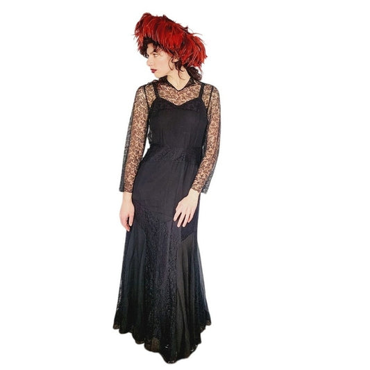 Vintage 30s Evening Dress Black Lace Long Sleeves / S