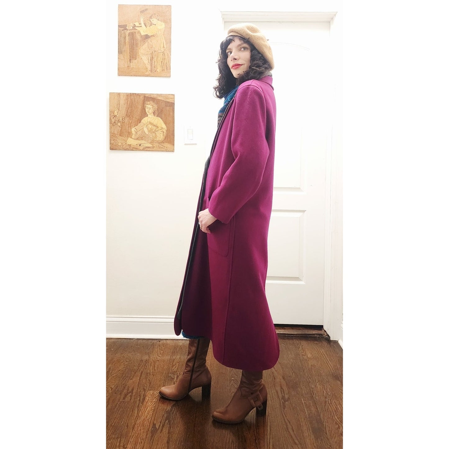 Vintage 80s Purple Wool Coat Perry Ellis Portfolio w/Removable Gray Liner Vest Duster
