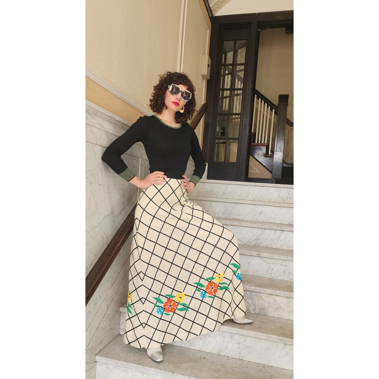 Vintage 70s Boho Maxi Dress Black Knit Top Cream Windowpane Skirt Floral Crissa Italy