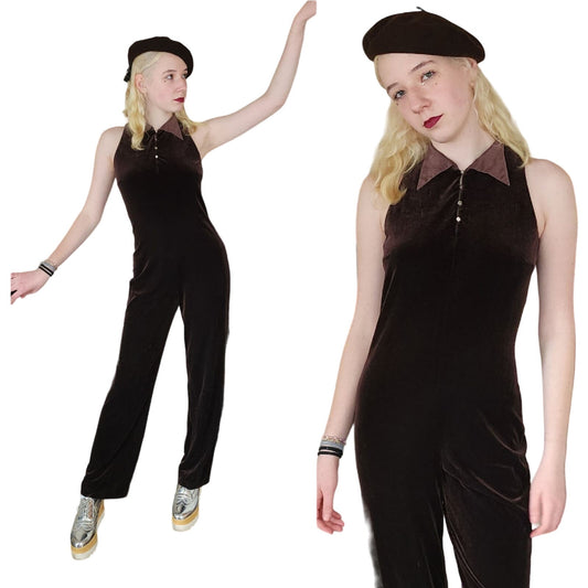 Vintage 90s Velvet Jumpsuit 1Sleeveless, in Brown Kay Unger / S