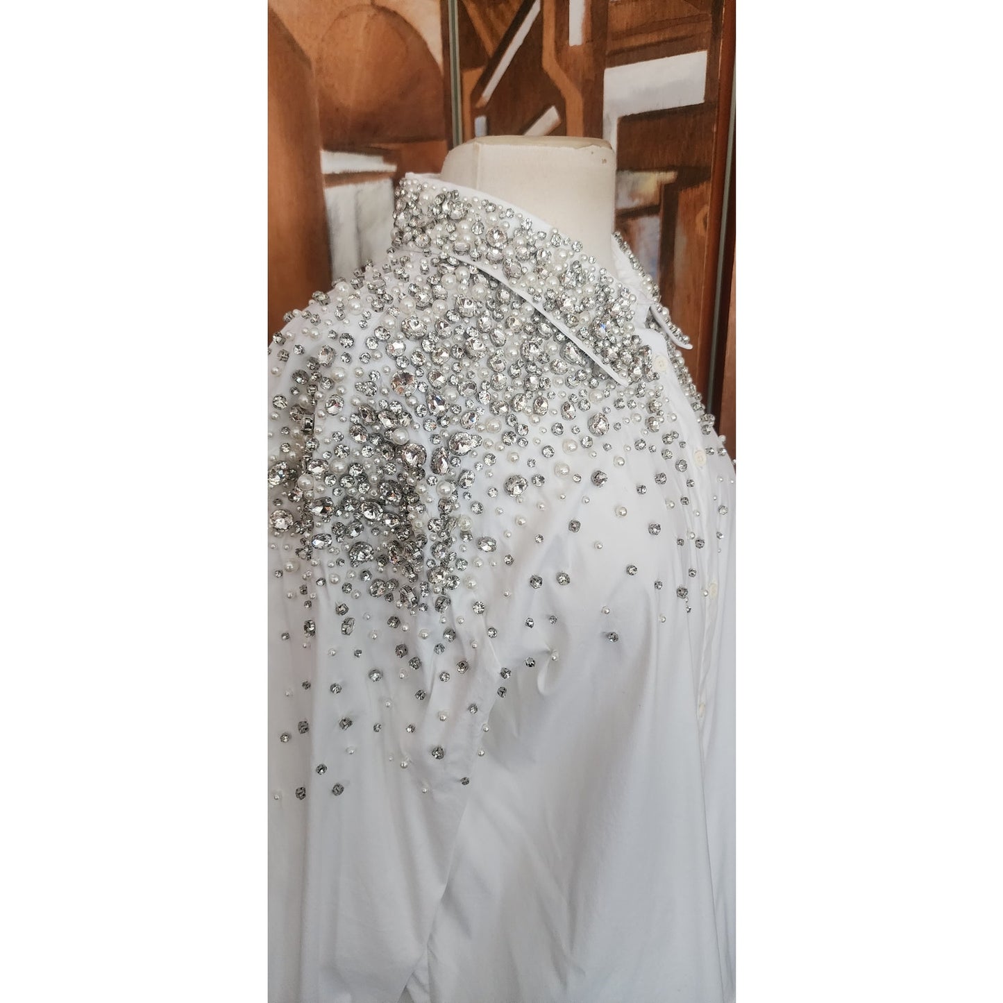 Alice + Olivia White Shirt Embellished Silver Rhinestone Crystal Beads Long Sleeve Button Down