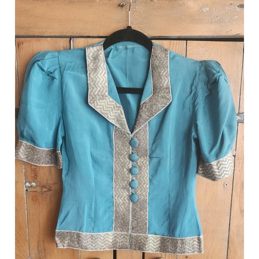 Vintage 30s Pants Top Set Play Suit Playwear Blue Silk, Silver Embroidery