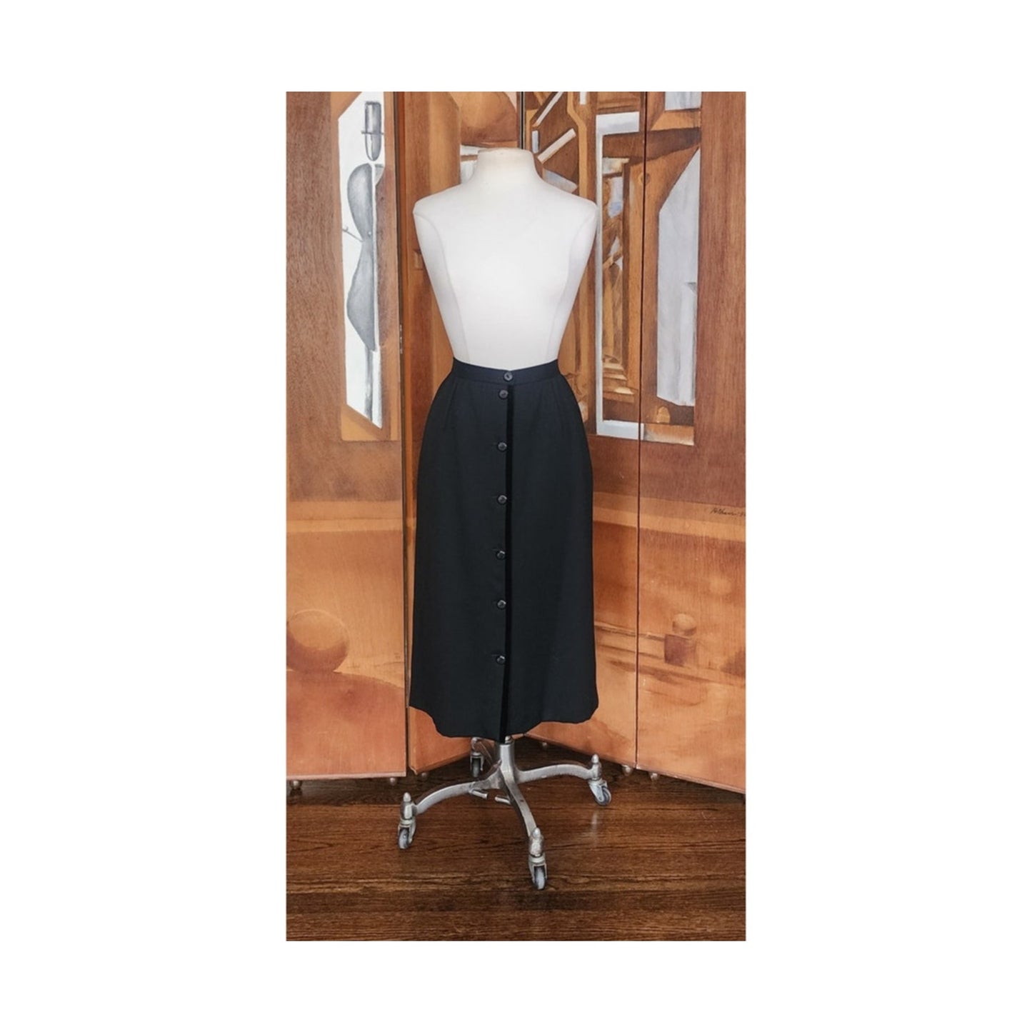 Vintage 1980s VALENTINO Pencil Skirt Black Wool Button Down Midi Medium