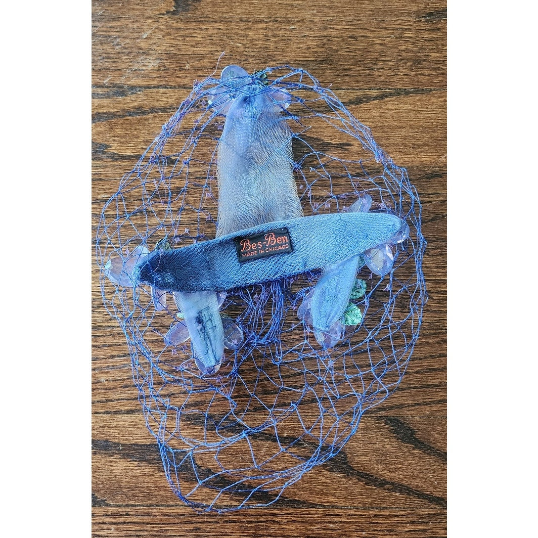 Vintage 50s Bes-Ben Hat Blue Crystal Floral Crown Fascinator w/Veil