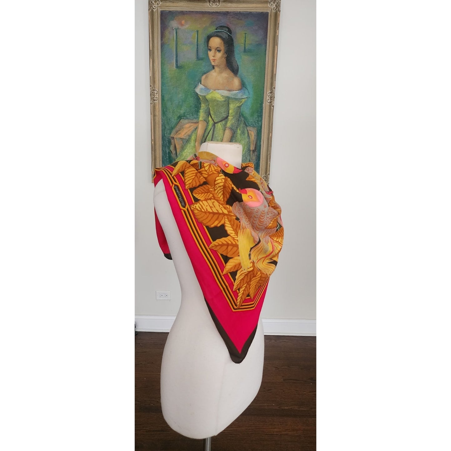 Vintage HERMES Scarf Les Perroquets Cashmere Silk Parrots Birds Orange Yellow Carre Foulard Joachim Metz