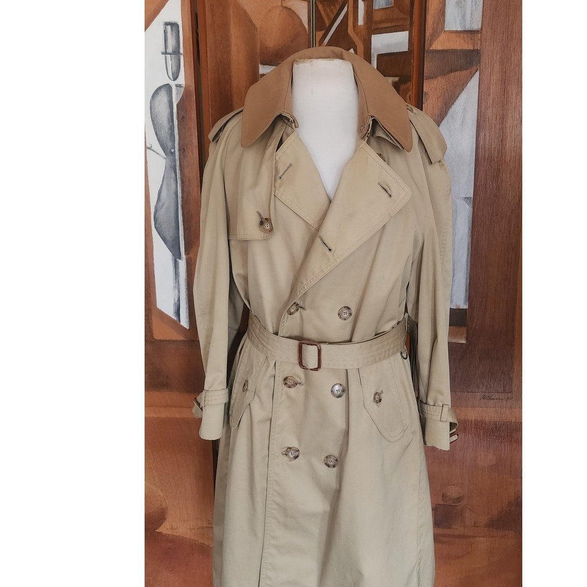 Vintage 80s Lytton's Threadneedle Chicago Mens Beige Trench Rain Coat Belted Wool Collar