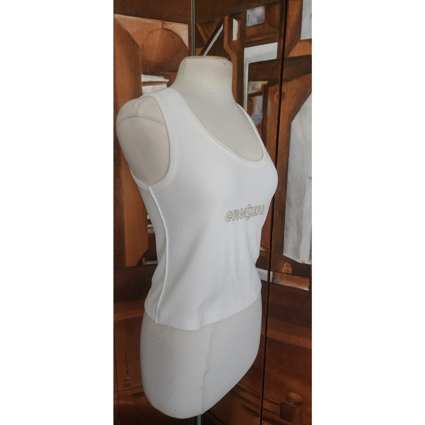 Vintage 1990s Sonia Rykiel Velour Top White Gold Tank Shell Embroidered  CROISIERE Cruise