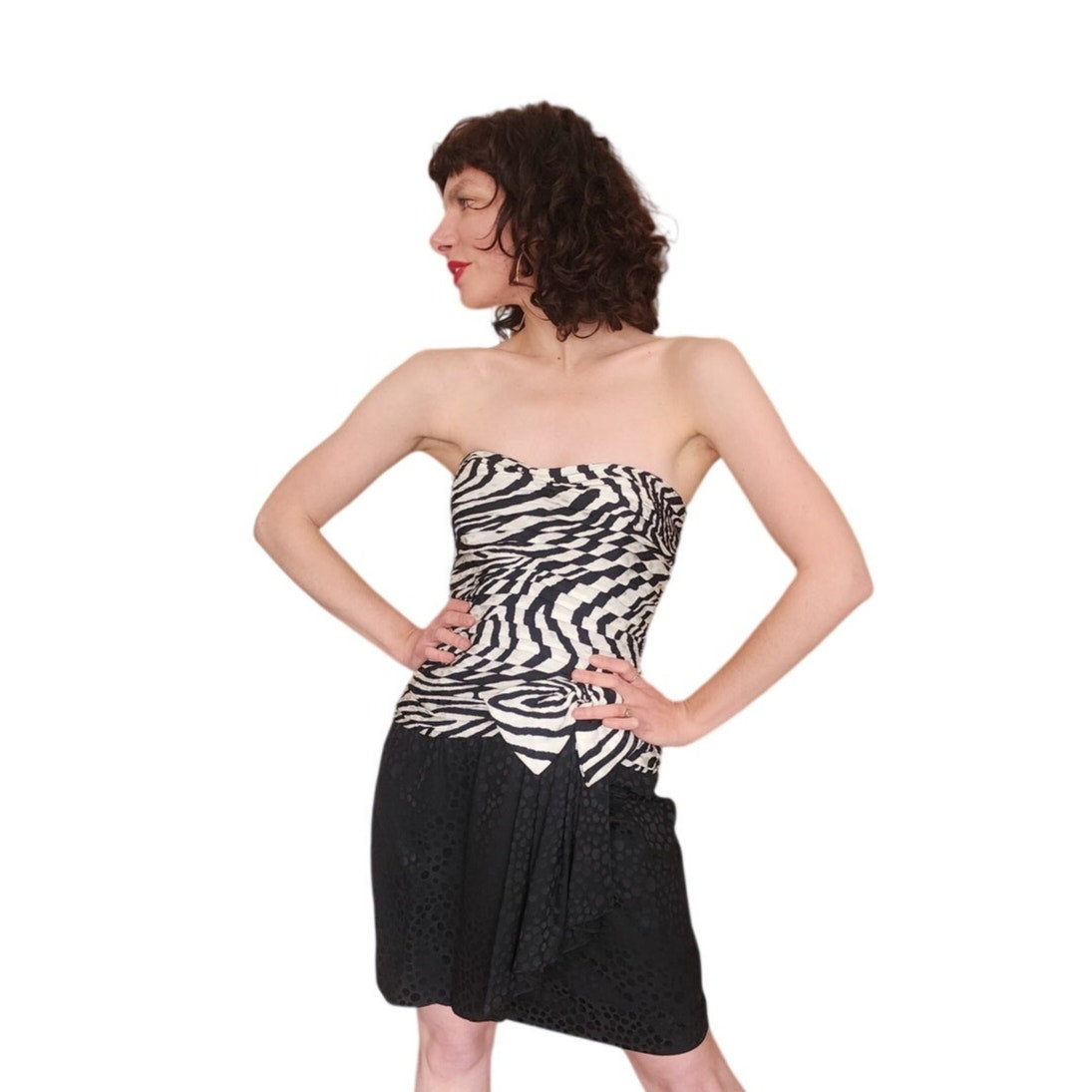Vintage 80s AJ Bari Strapless Dress + Bolero Jacket Suit Set Zebra Print Black White Silk / M