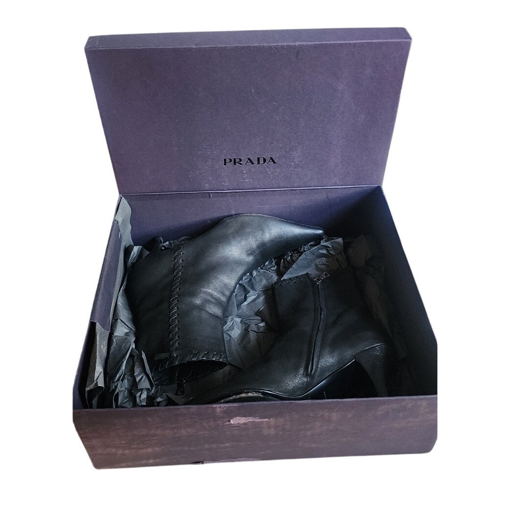 PRADA Ankle Boots Black Leather New in Box Size 38 VG++