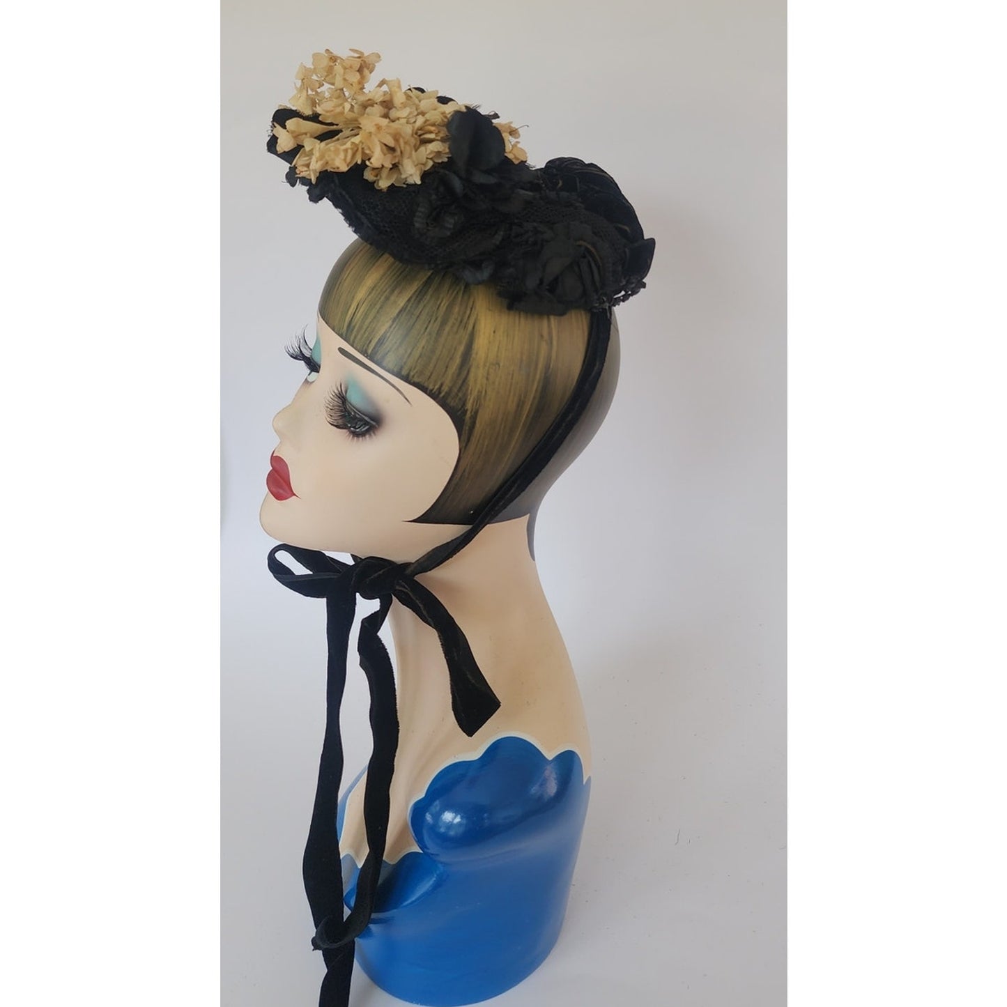 Antique Victorian Hat Black Satin w/Cream Silk Flowers 1800s 19th Century