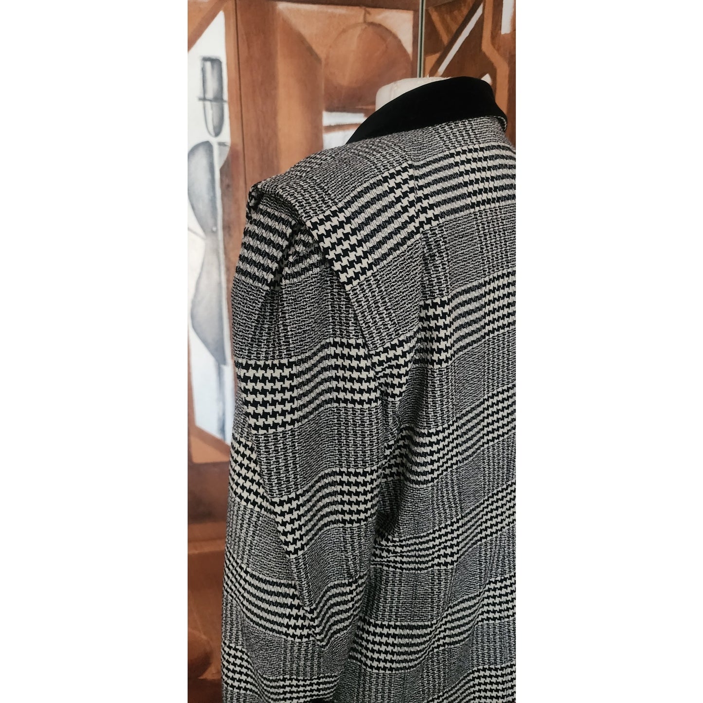 Vintage 1980s ESCADA Blazer Black Gray Plaid Tailored Jacket Double Breasted Velvet Collar