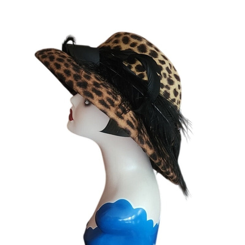 Vintage Y2K Carluci Millinery Animal Print Hat Wide Brimmed w/Bow & Feathers