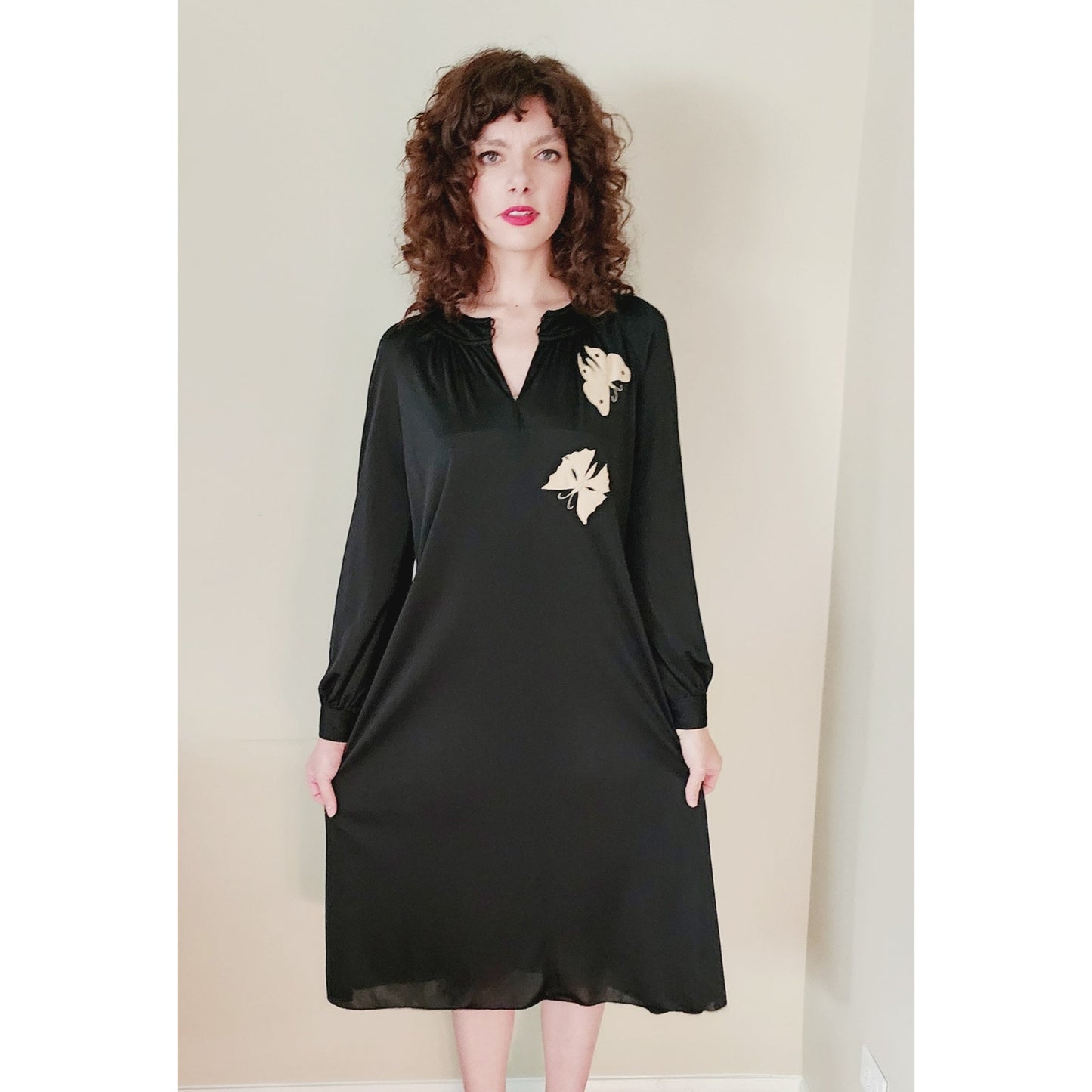 Vintage 70s Black Dress Butterfly Embroidery Ciao Ltd