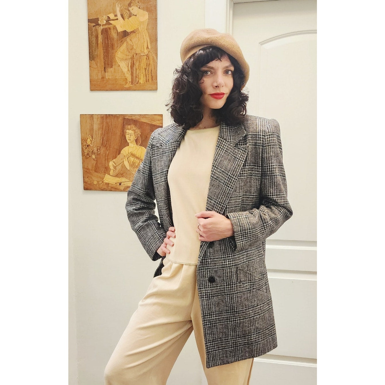 Vintage 1980s Long Blazer Lilli Ann Houndstooth Wool Jacket Gray Black