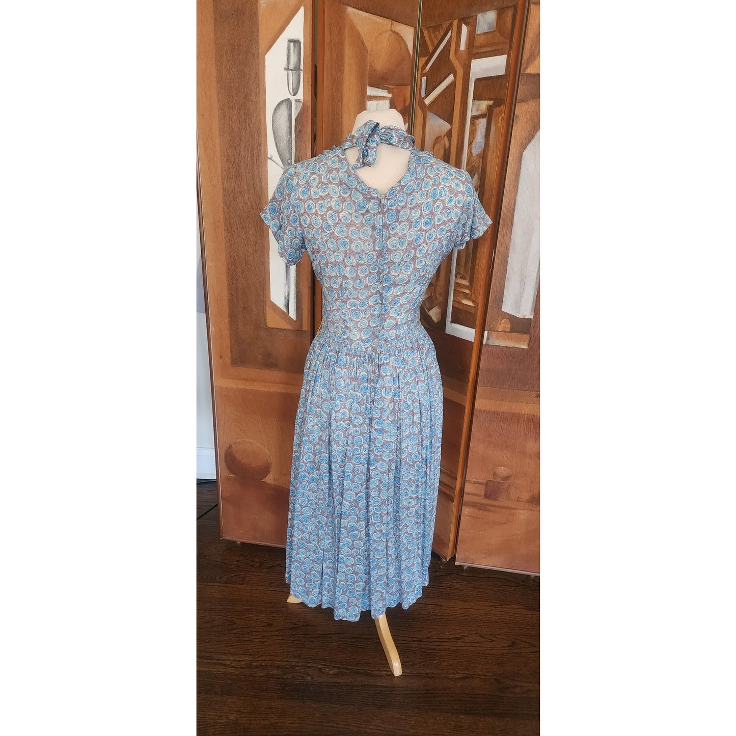 Vintage 1950s Blue Floral Rayon Midi Dress Fit and Flare Short Sleeve / S