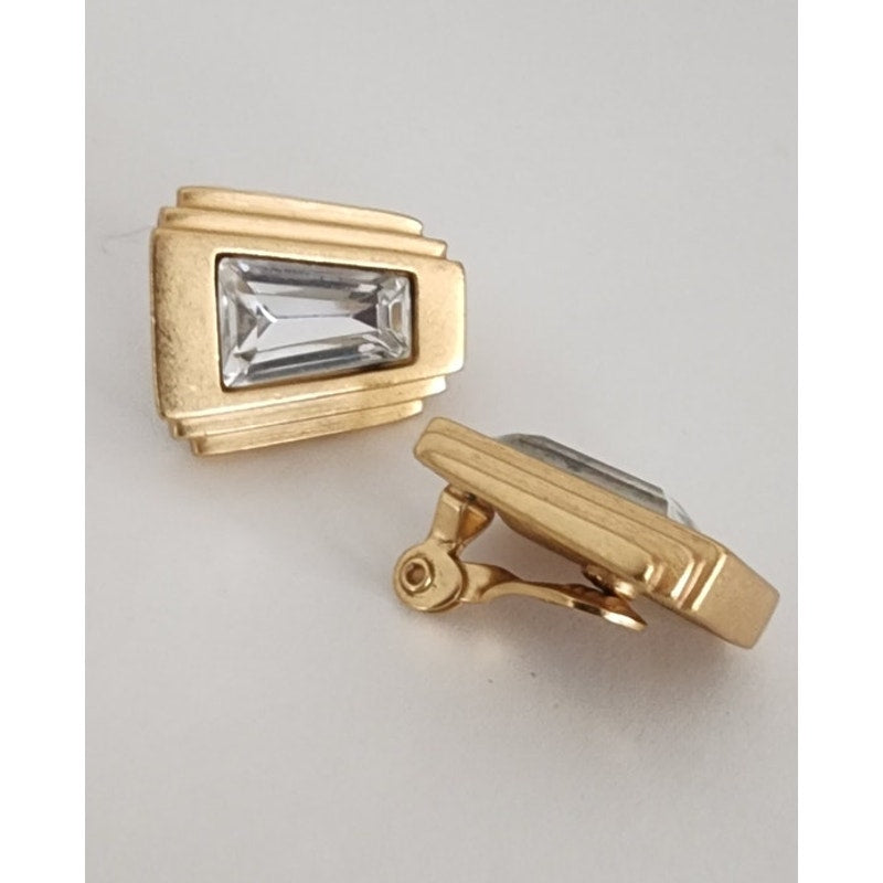 Vintage Art Deco Style Bracelet Clip Earrings Set Gold w/Clear Cut Glass