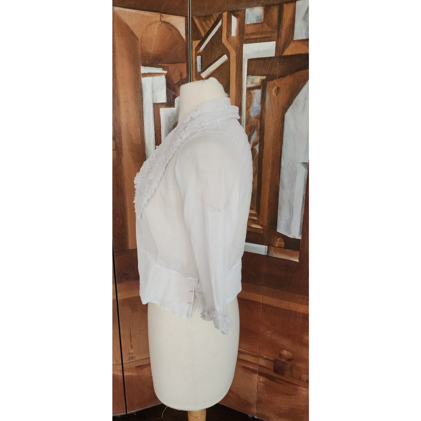 Antique Edwardian Blouse White Cotton Lace Embroidery Sailor Collar / S