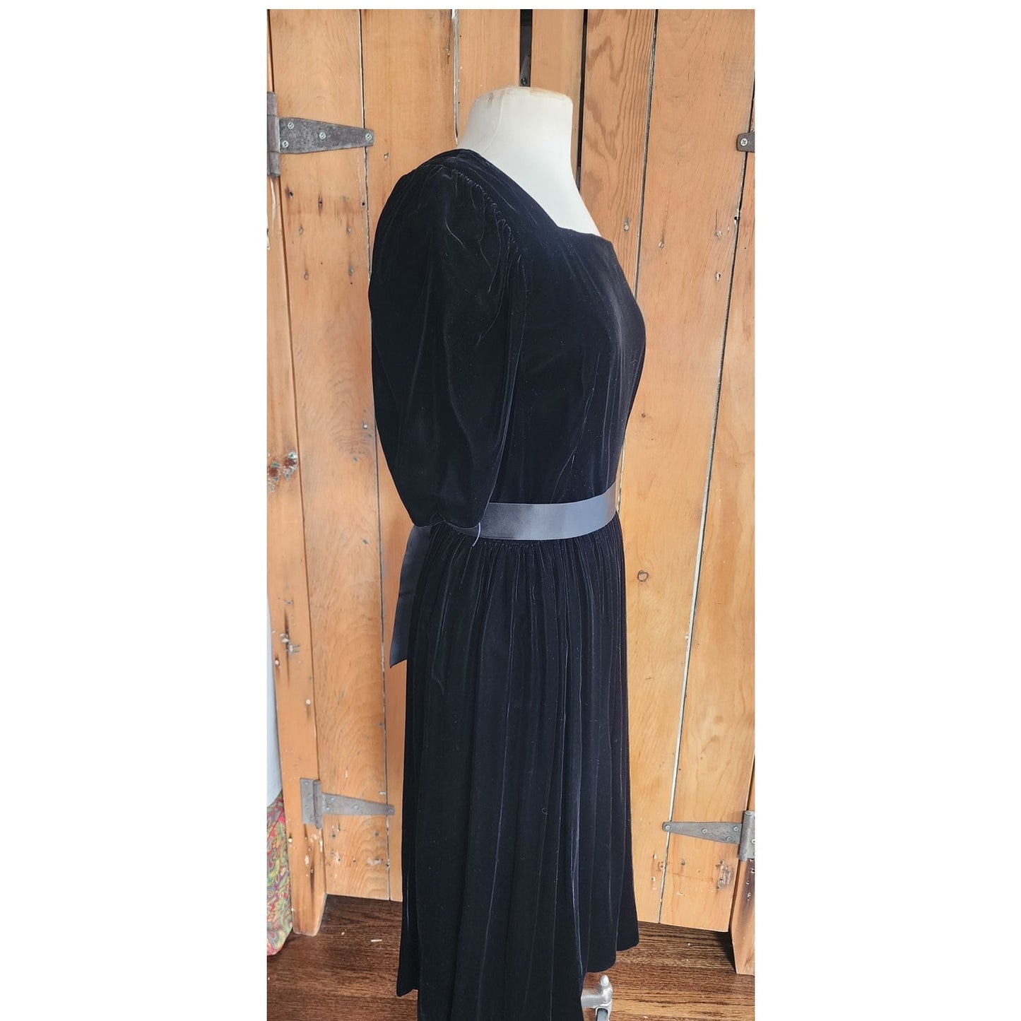 Vintage 80s Black Velvet Party Dress Puffed Sleeves Kappi I Magnin