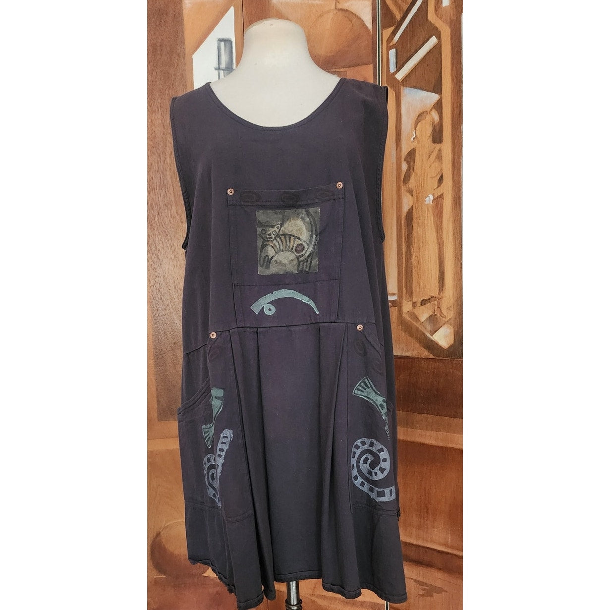 Vintage 90s Blue Fish Jumper Dress Gray 1995 Cat Print Apron Tunic Pinafore Sundress