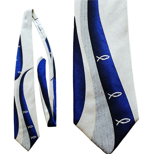 Vintage Mens Wide Tie Christians Closet Jesus Fish Blue Beige Print 40s Style
