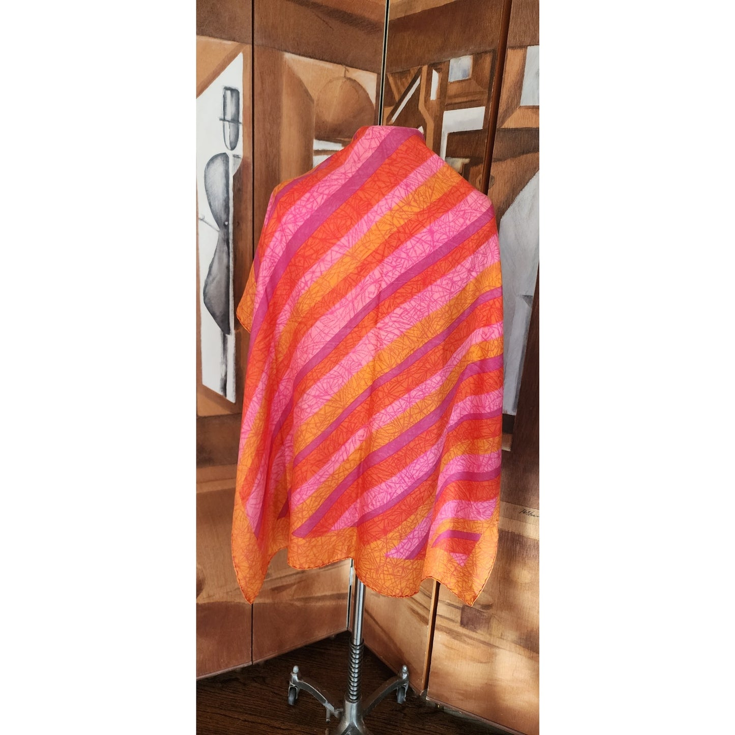 Vintage 70s Liberty of London Silk Scarf Large Orange Pink Diagonal Stripe
