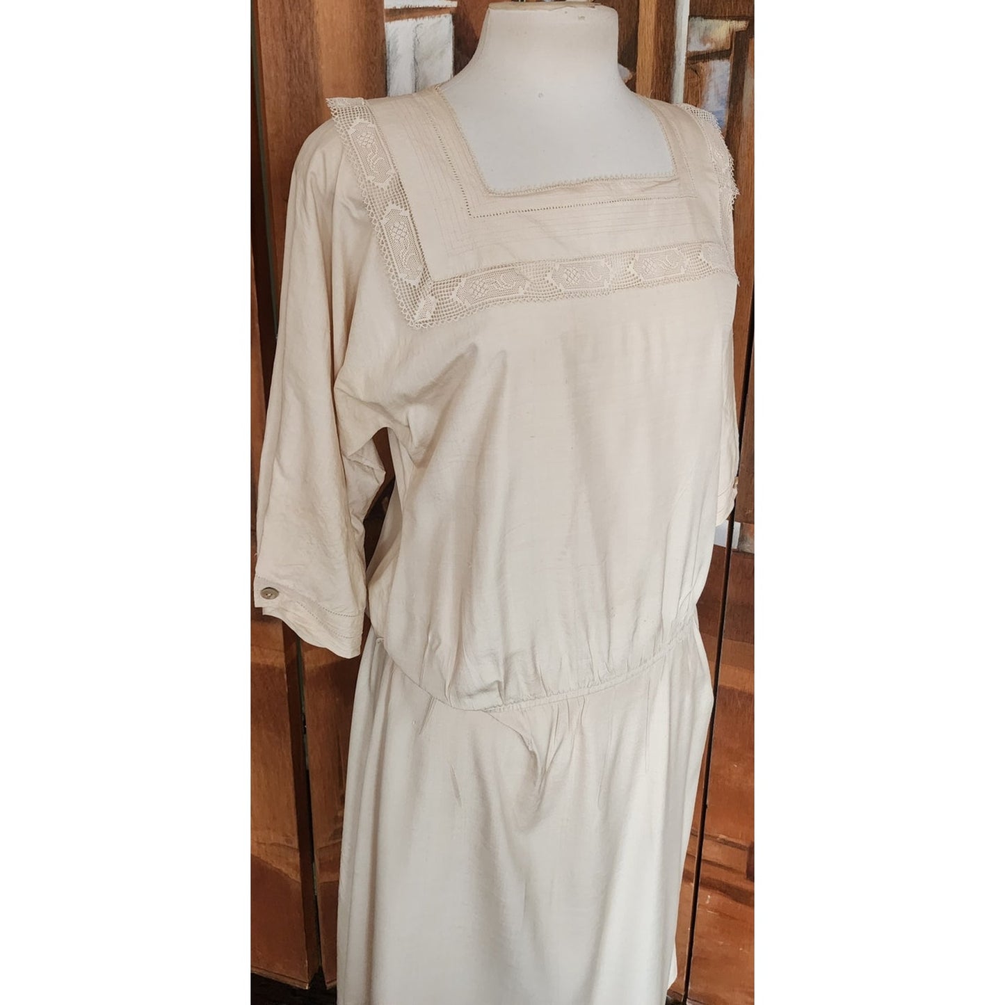 Vintage 1980s Cream Silk Dress Lace Trim Drop Waist Edwardian Style Norma Walters