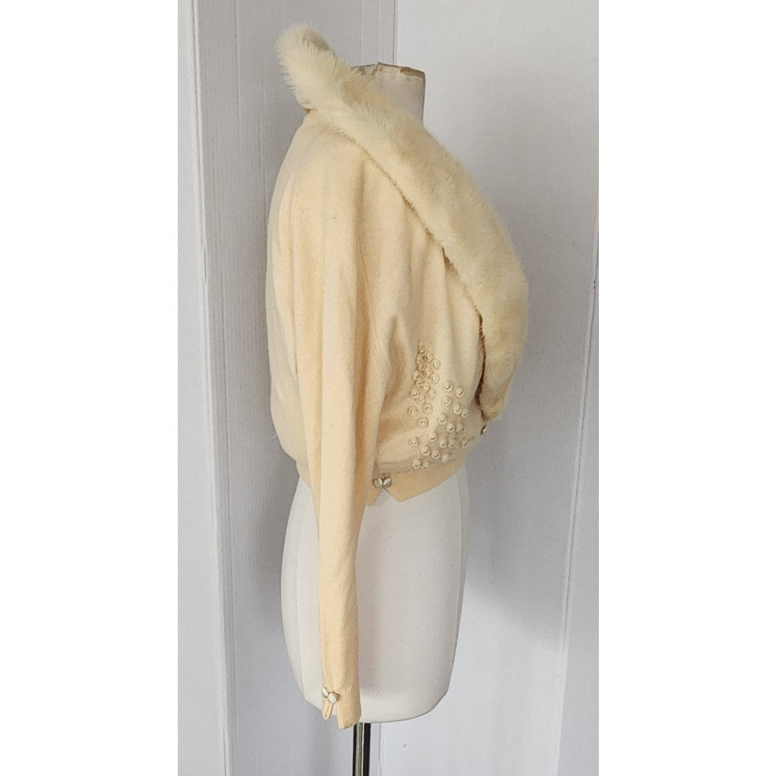 Vintage 50s Cardigan Cream Cashmere Sweater w/Blonde Mink