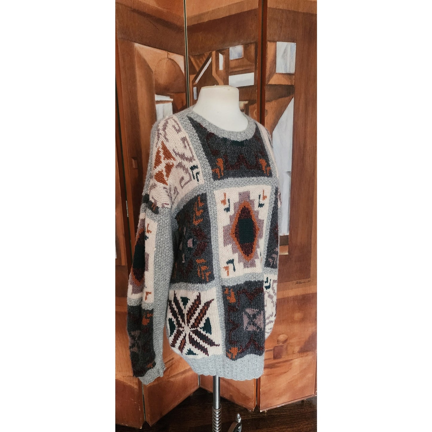 Vintage 1990s Lord & Taylor Ski Sweater Southwestern Geometric Intarsia Gray Wool
