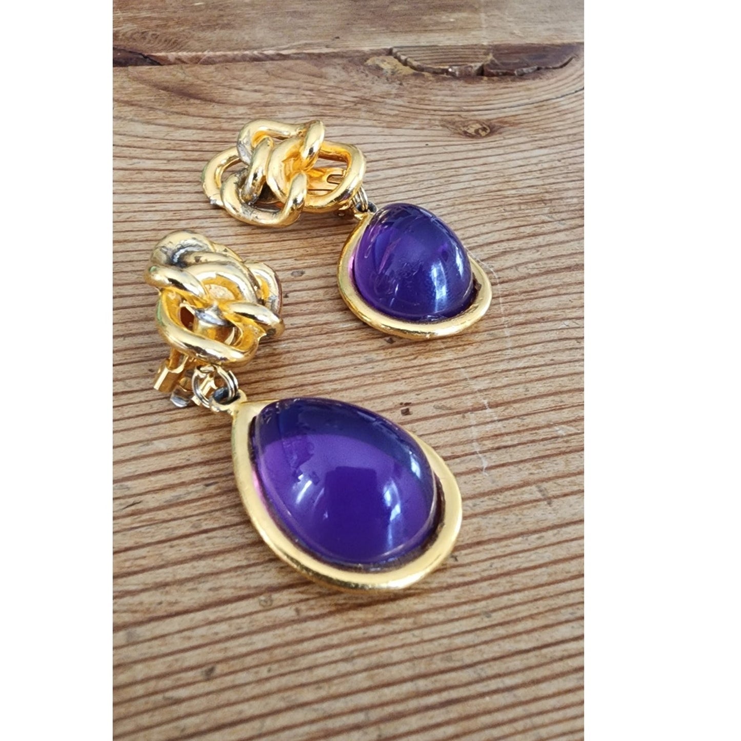Vintage 1980s Clip Earrings Gold Purple Teardrop Etruscan Revival Chunky Oversized