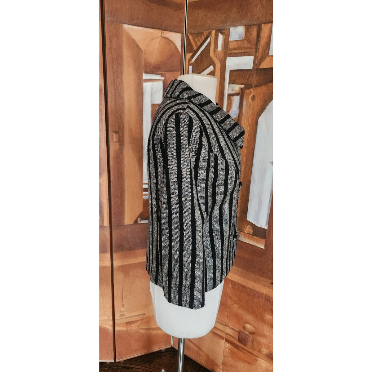 Vintage 60s SYBIL CONNOLLY Mod Cropped Blazer Gray Wool Tweed Black Stripes Large Collar