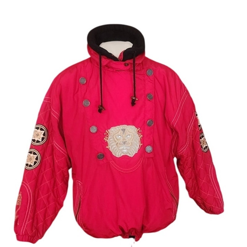 Vintage 1990s Bogner Ski Jacket Goan Thylmann Red Alpine Parka Lion Emblem Fleece Liner