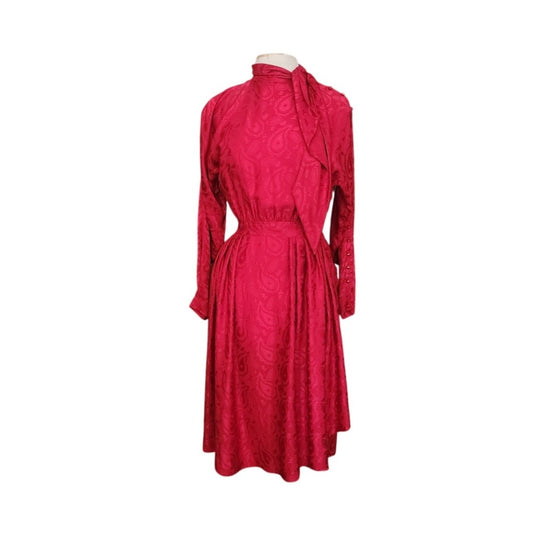 Vintage 1980s Emanuel Ungaro Dress Red Silk Paisley Print I Magnin Long Sleeve Scarf Sash Tie