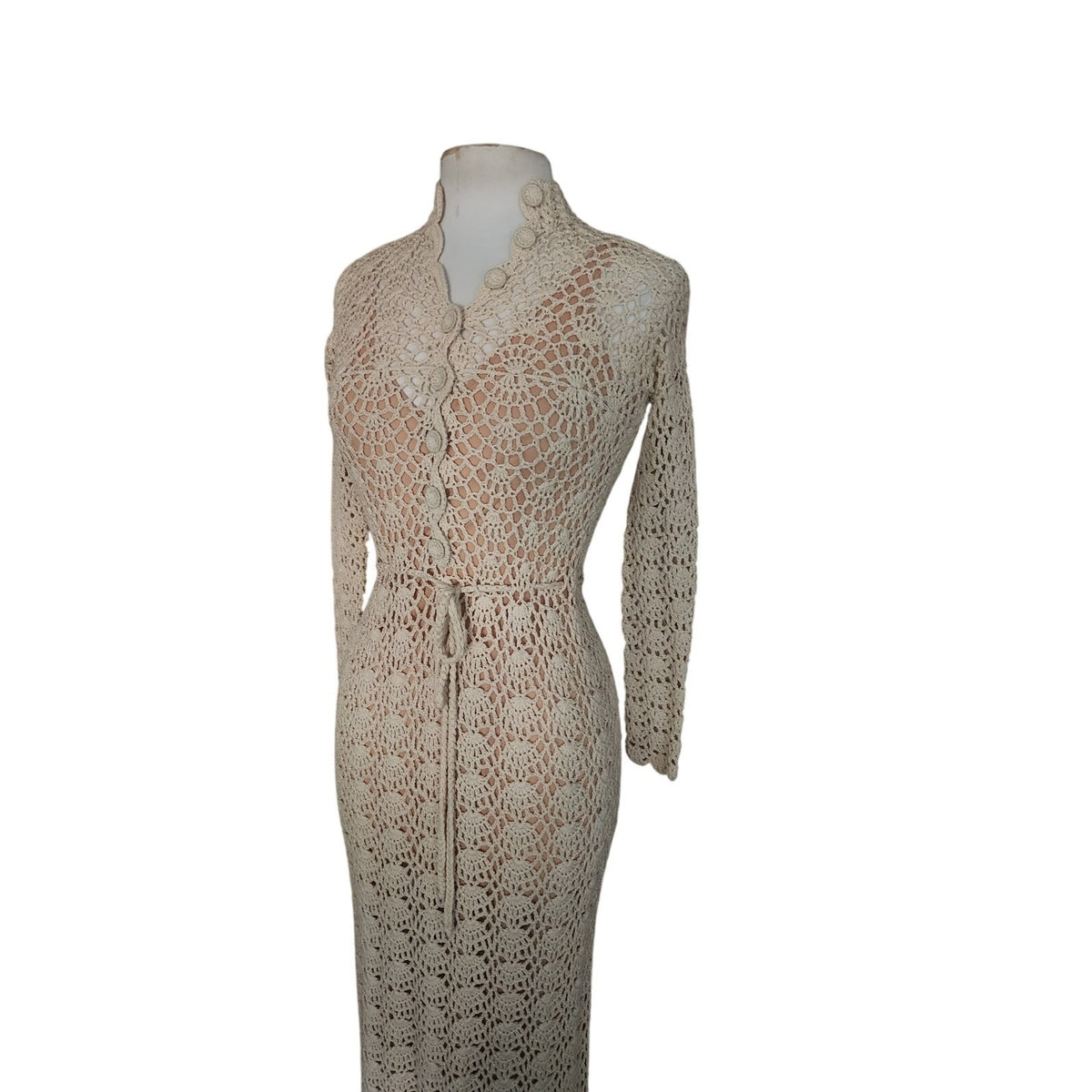 Vintage 1970s Cream Knit Maxi Dress Openwork Crochet Liner Long Sleeved Belted