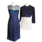 Vintage 1950s Dress + Jacket Suit Set Navy Blue Polkadot Wool Silk / M
