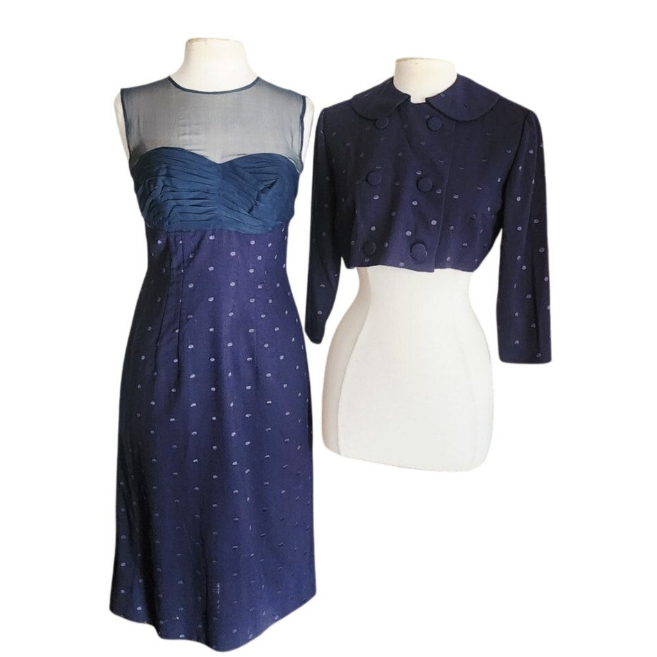 Vintage 1950s Dress + Jacket Suit Set Navy Blue Polkadot Wool Silk / M
