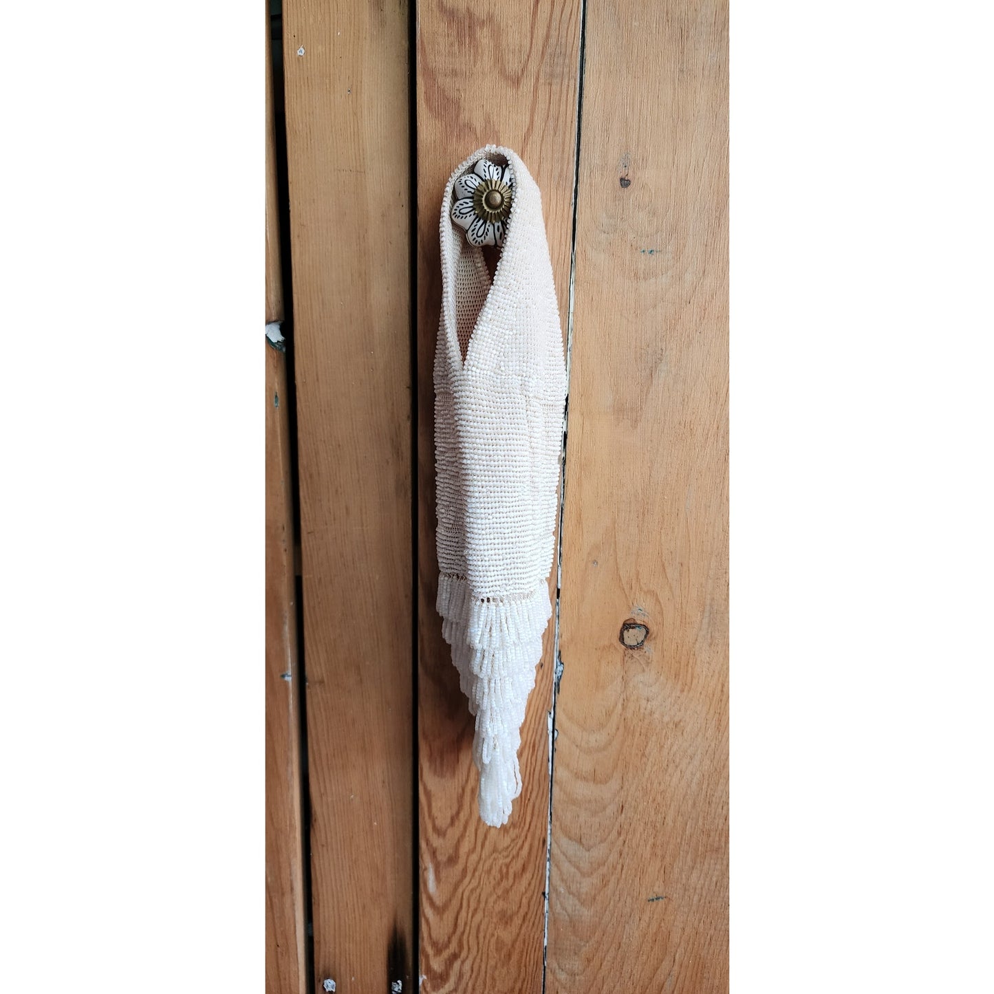 Antique White Beaded Evening Bag Rare Reticule Beaded Fringe Wristlet