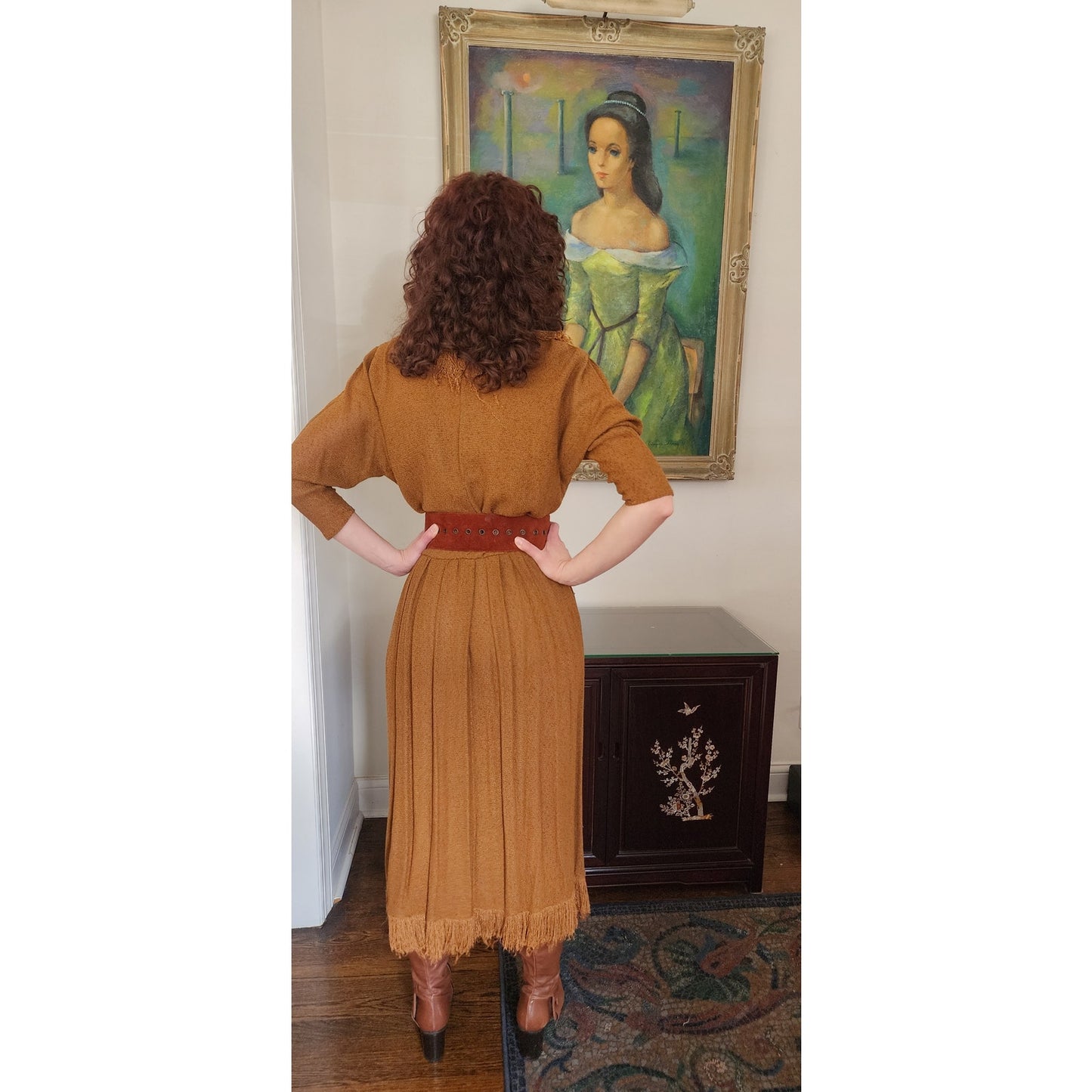 Vintage 80s Brown Dress Fringed Cowl Collar Mad Max Distopia Positive Attitude