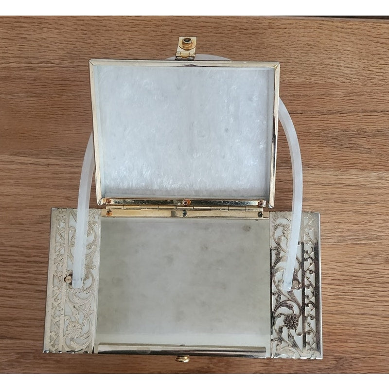 Vintage 1950s TYROLEAN NY Lucite Box Bag Pearl White Silver Filigree Art Deco