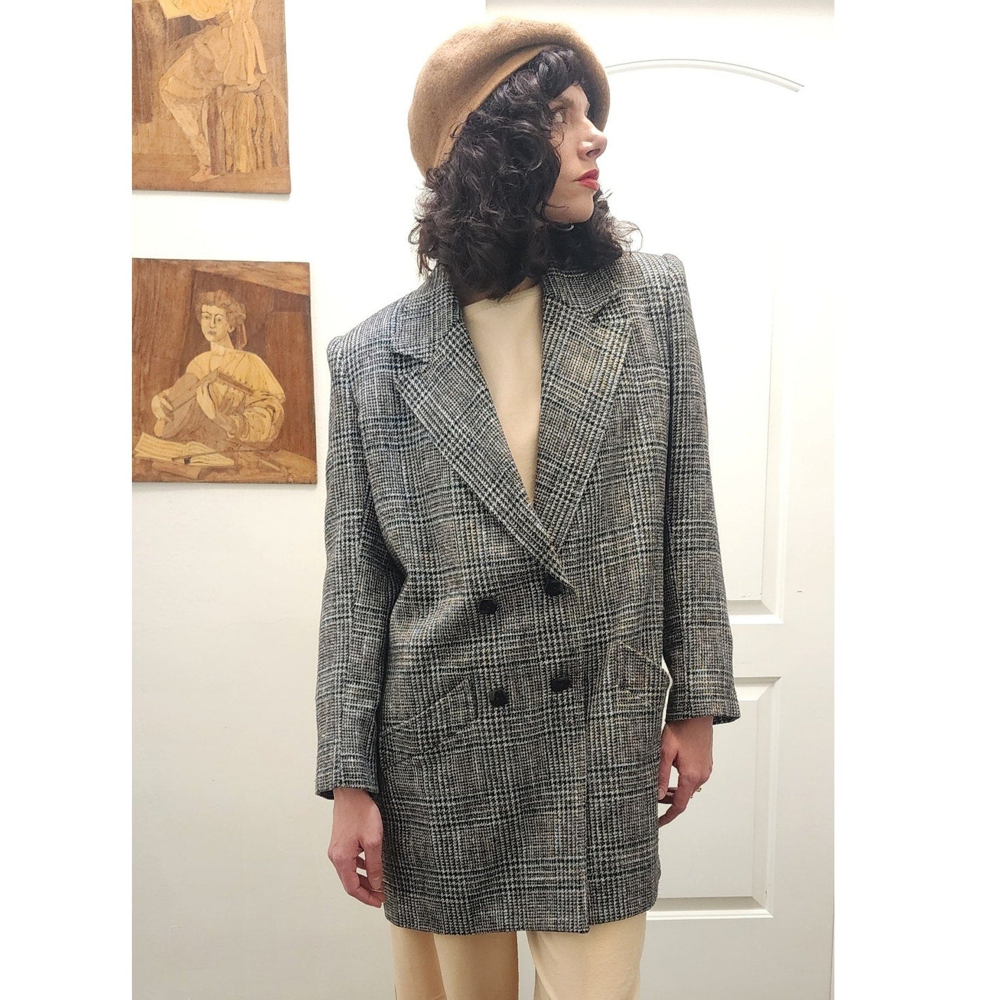 Vintage 1980s Long Blazer Lilli Ann Houndstooth Wool Jacket Gray Black