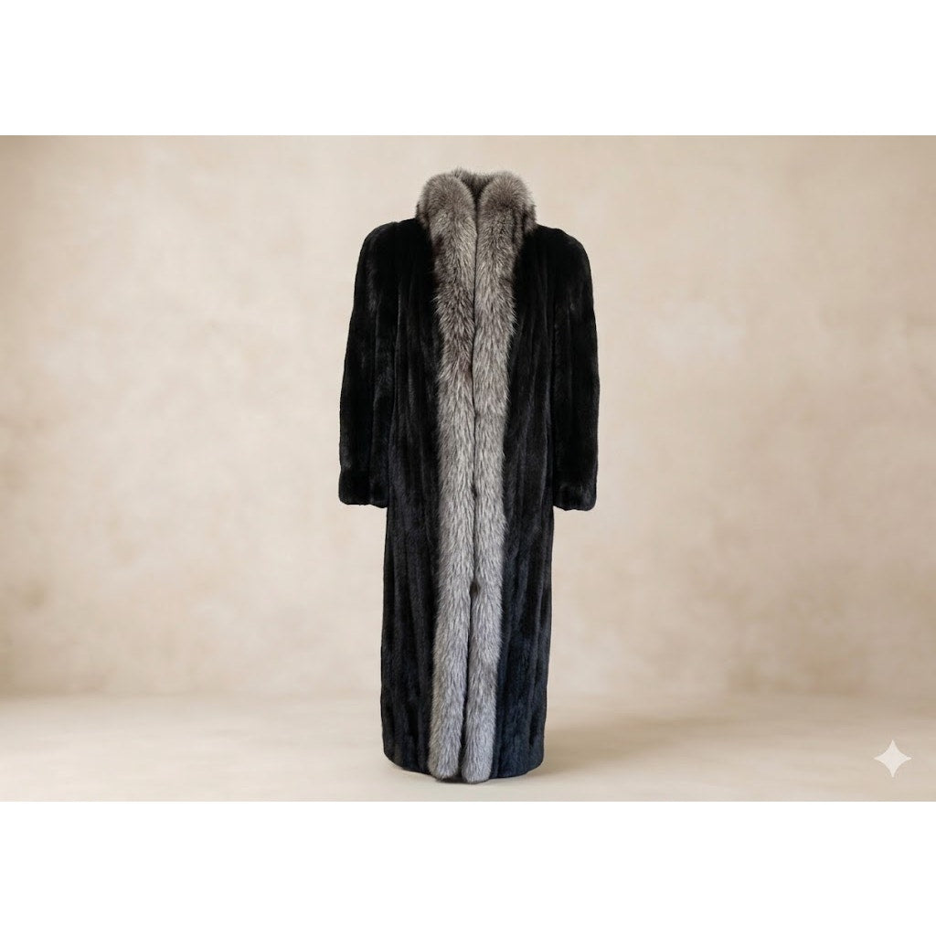 Vintage 80s Ranch Mink Black Fur Coat Long Silver Fox Tuxedo Collar Maxi