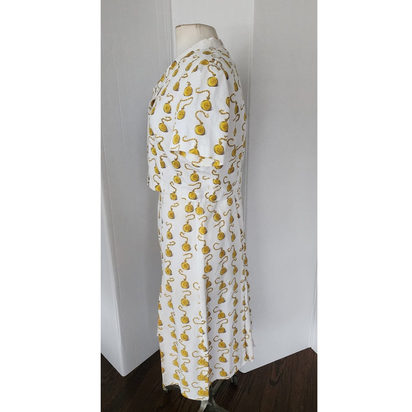 Vintage 60s Clocks Novelty Print Dress + Jacket Set Gold Pocket Watch