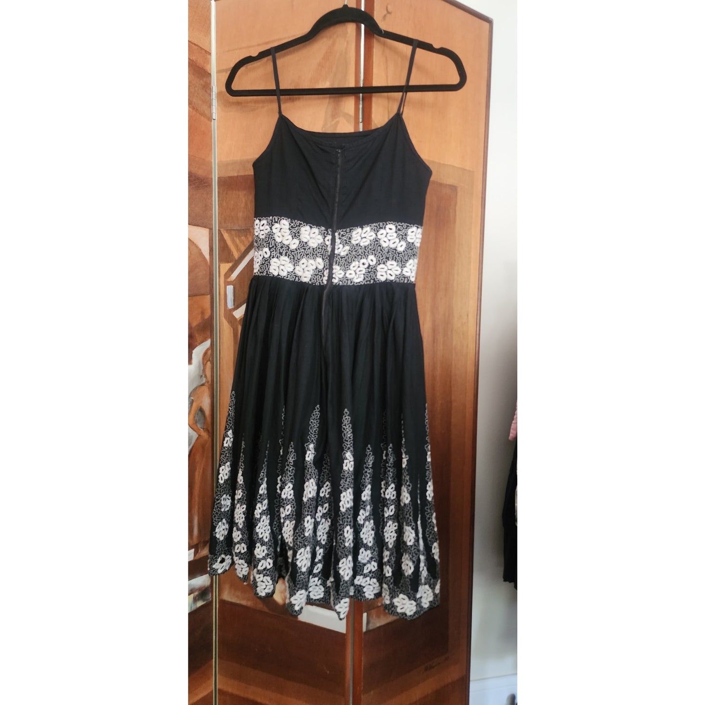 Vintage 1950s Patio Dress Black + White Embroidery Spaghetti Straps / S