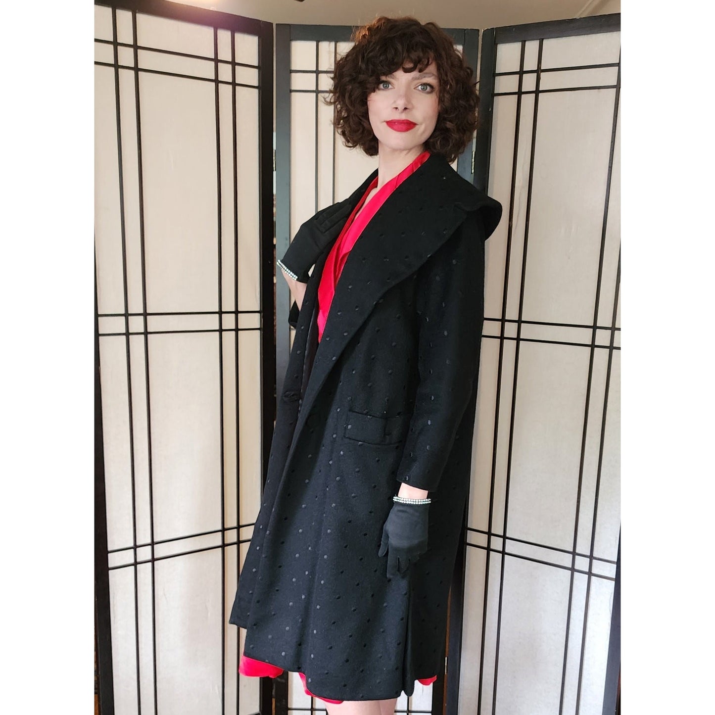 Vintage 50s Swing Coat Black Wool Polkadot Print